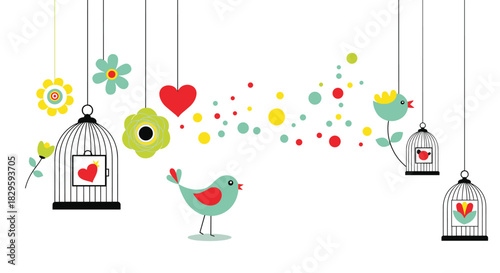 Colorful and charming vector illustration featuring hanging birdcages, vibrant birds, blooming flowers, and floating hearts with decorative dots.