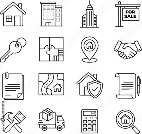 Collection of real estate icons and symbols for property and home buying