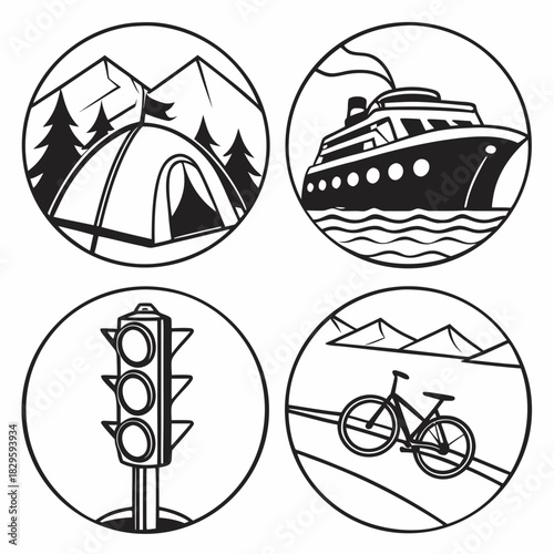 Travel, Camping, Cruise Ship, and Transport Icons Vector Set