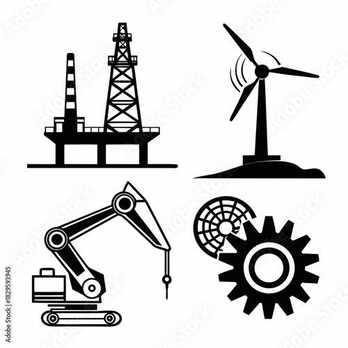 Industry, Energy Production, Engineering, and Manufacturing Icons Vector Set