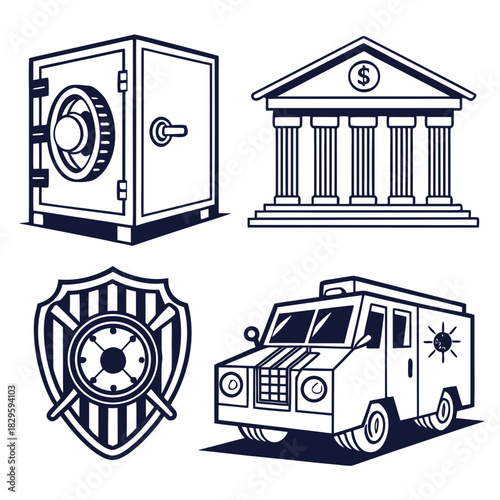 Financial Security and Banking Line Icons Set. Vector Symbols for Protection, Vaults, and Money Transport.