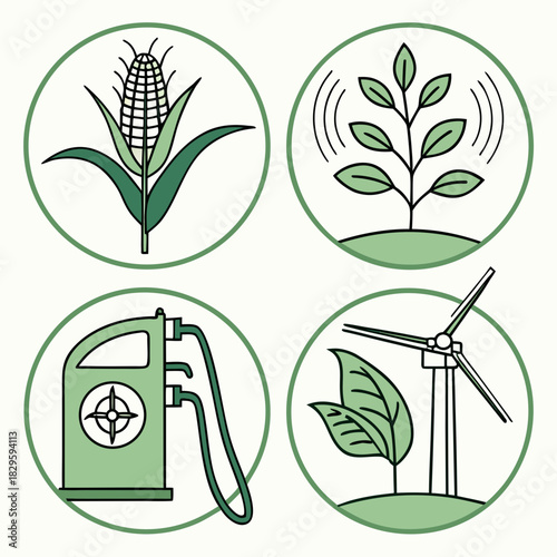 Renewable Energy and Sustainable Agriculture Vector Icons Set. Biofuel, Wind Power, and Eco-Friendly Technology Symbols.