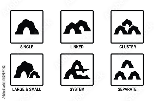 Cave archways black glyph icon set geology formations and underground structures for exploration