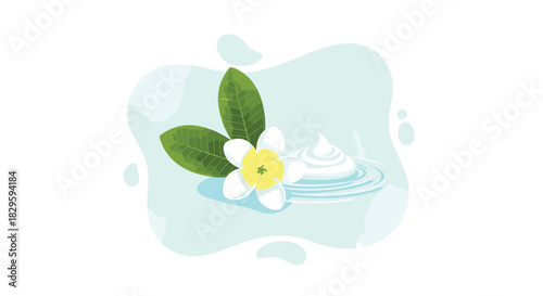 A fresh plumeria flower with green leaves and a dollop of white cream on calm water, embodying purity and natural skincare.