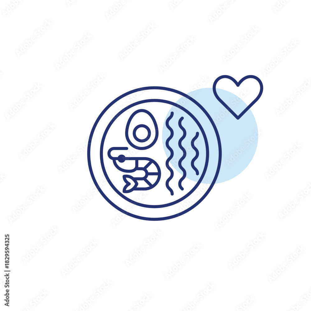 Obraz premium Seafood ramen and heart. Favorite delivery dishes, Asian cuisine takeaway and home cooking. Pixel perfect, editable stroke vector icon