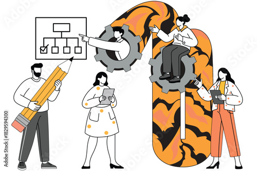 Skills and Work Organization Concept: Employees Planning and Streamlining Processes with Gears and Flow Diagram