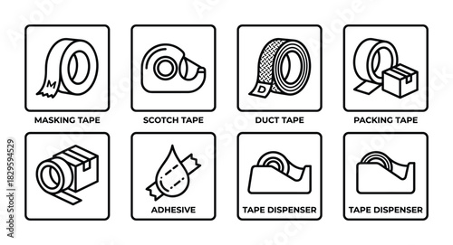 Eight square line icons representing different tape products and adhesive solutions