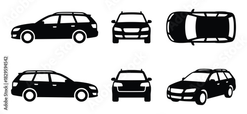Station wagon car icon set with six different views side, front, top, back and isometric isolated on white background