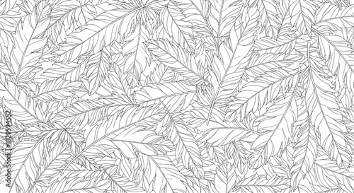 Seamless black and white line art pattern featuring an intricate design of various tropical leaves and botanical elements.