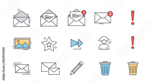 Email and communication icons set, featuring messages, notifications, alerts, and user interface elements for web or app design.