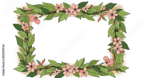Elegant hand-drawn botanical frame illustration featuring lush green leaves and delicate pink cherry blossoms, ideal for design elements.