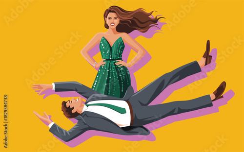 Woman in Green Dress Standing Over Man in Suit Lying Down