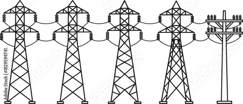 High-voltage transmission towers and utility pole vector illustration, power lines landscape, electrical grid infrastructure, energy distribution transition, industrial utility poles and cables