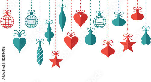 Hanging festive red and teal Christmas ornaments with bows and dotted lines, creating a minimalist holiday decoration on a white background.