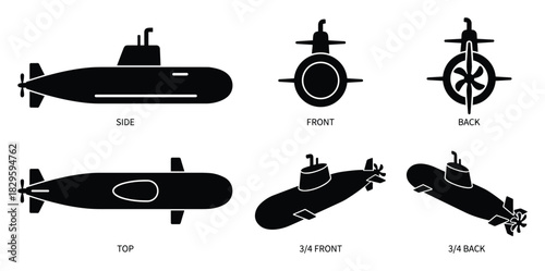 Collection of black vector icons showing multiple perspectives of a submarine for maritime themed designs