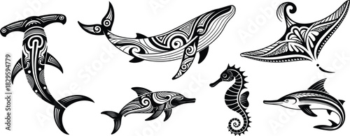 Polynesian Tattoo Marine Animals Vector Set, Maori Style Whale, Shark, Ray, Dolphin, Seahorse Collection, Tribal Ocean Life Art