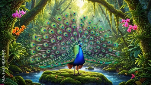 A vibrant peacock with its tail feathers spread out in a forest setting, surrounded by lush greenery and vibrant flowers.
