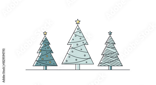 Three stylized Christmas trees with star toppers and various decorations in light blue and grey tones.