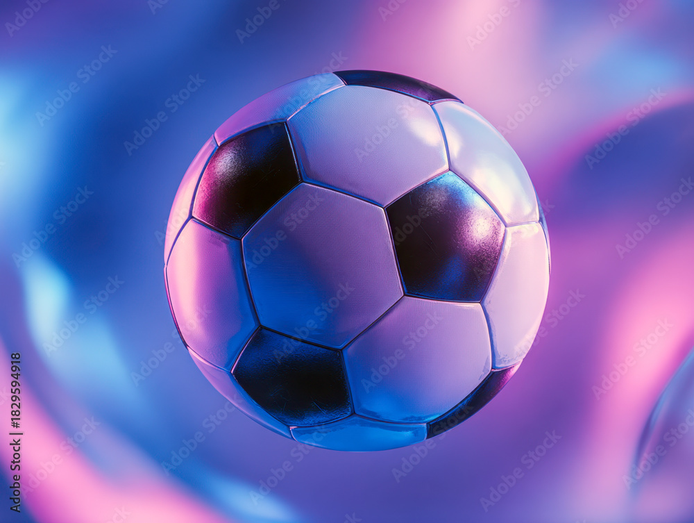 Naklejka premium Traditional black and white patterned soccer ball floating against vibrant glowing background with blue and pink neon light reflections