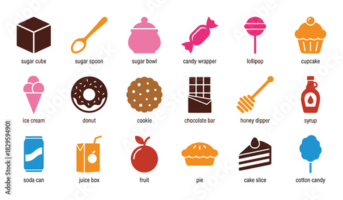 Sweet food and desserts icon set sugar cube spoon bowl candy lollipop cupcake ice cream donut cookie chocolate bar honey dipper syrup soda can juice box fruit pie cake slice cotton candy