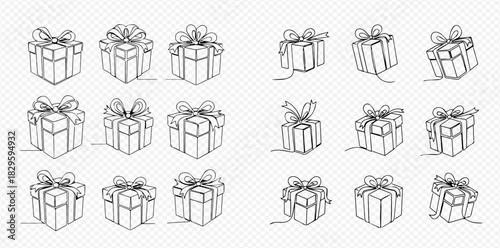 Collection of continuous line art drawings of various gift boxes with bows and ribbons.