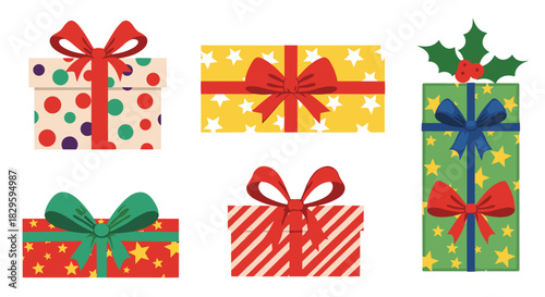 Various festive Christmas gift boxes with colorful wrapping papers and decorative bows, ready for holiday celebrations.