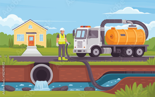 Plumber clearing clogged sewer pipe with vacuum truck near residential house