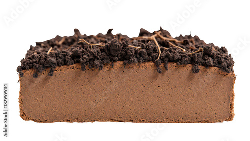 Rich chocolate dessert with crumbly top layer of dark soil like texture, showcasing smooth, creamy base