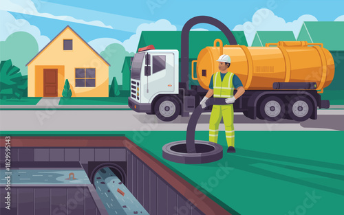 Septic tank cleaning service with a truck and worker on a suburban street