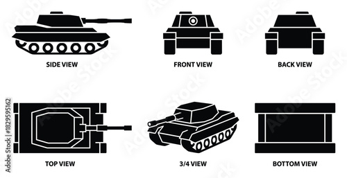 Assortment of black vector icons illustrating multiple views of a military tank for defense related visuals
