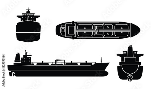 Different views of a tanker ship depicted in black and white vector icons isolated on a white background