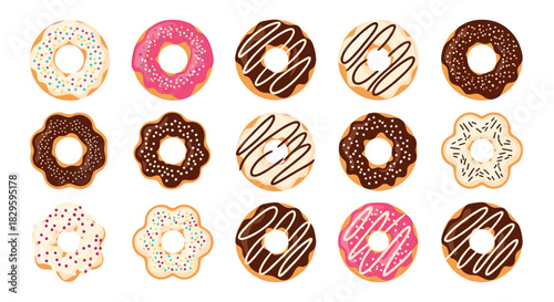 A vibrant collection of assorted donuts with various toppings like sprinkles and icing, showcasing different flavors and shapes on a white background.