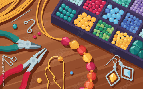 Crafting and jewelry making with beads, pliers, and tools