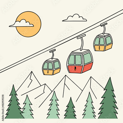 Tres cabinas de teleférico ascienden por una ladera frente a un fondo de montañas puntiagudas, árboles de pino y un sol brillante entre nubes.
