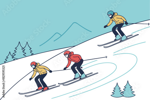 Tres esquiadores descienden juntos por una ladera nevada, realizando curvas en un paisaje de invierno con árboles y montañas al fondo.
