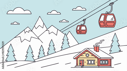 Una cabaña acogedora con chimenea se sitúa al pie de unas montañas nevadas, mientras dos cabinas de teleférico se deslizan sobre el paisaje alpino.
