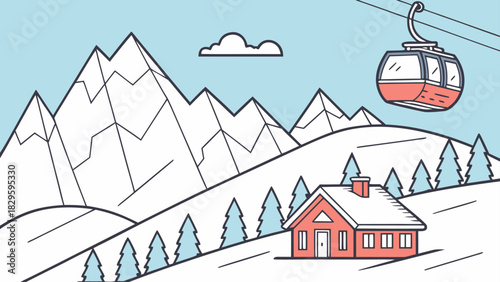 Una casa de montaña se encuentra entre colinas nevadas, rodeada de árboles y con un teleférico que atraviesa el cielo. Al fondo, se elevan величественные montañas bajo голубым небом.
