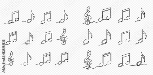 Continuous line art musical notes and treble clefs in isometric style on a transparent background, vector illustration set.