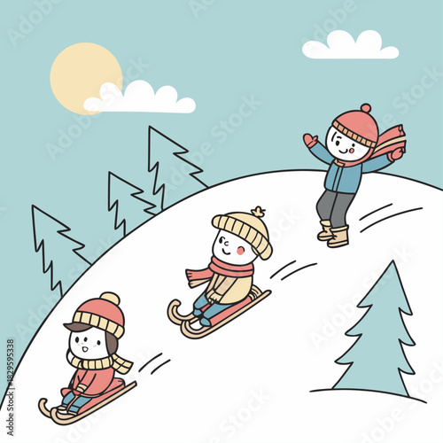 Dos niños bajan en trineo por una colina nevada mientras otro los observa alegremente desde arriba. El entorno muestra árboles y un cielo parcialmente nublado.
