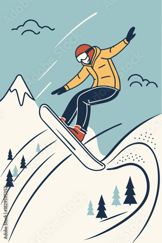 Un snowboarder realiza un salto dinámico en una pendiente nevada, con montañas al fondo y árboles esparcidos en el paisaje invernal.
