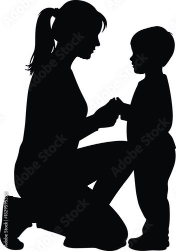 Silhouette of adult and child holding hands, kneeling interaction, black vector illustration, family bond, care, guidance moment