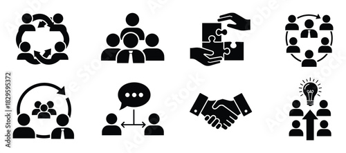 Set of black and white teamwork icons illustrating collaboration communication and problem-solving concepts