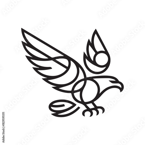 Flying eagle logo vector set, powerful bird of prey mascot, geometric line art and silhouette hawk symbol, freedom and security concept.