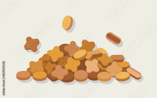 Pile of assorted pet food kibble pieces in various shapes and colors, isolated on a light background