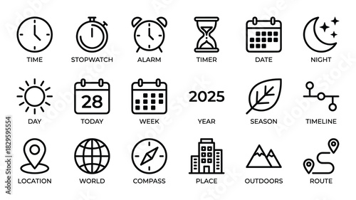 Time and location outline icon set including stopwatch alarm timer and compass vector illustration