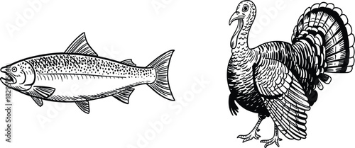 Salmon Fish and Wild Turkey Engraving Vector Illustration, Thanksgiving Dinner and Fishing Sketch, Food and Wildlife Concept, Vintage Drawing