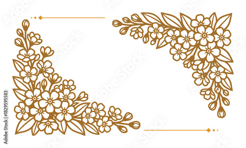 Charming forget-me-not flower corner border with tiny blossoms and golden accents