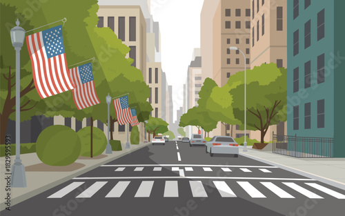 American City Street Scene with US Flags and Crosswalk