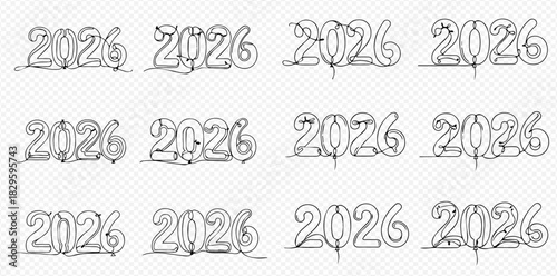 Collection of various 2026 year numbers in a unique continuous single line art style, ideal for future event designs.
