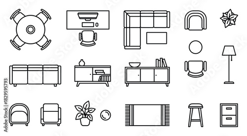 Modern furniture top view icon set including round tables office desks sofas and home decor elements